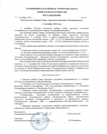 Оловяннинская районная территориальная избирательная комиссия Постановление 11 сентября 2022 г №103 О результатах выборов Главы городского поселения "Оловяннинское" 